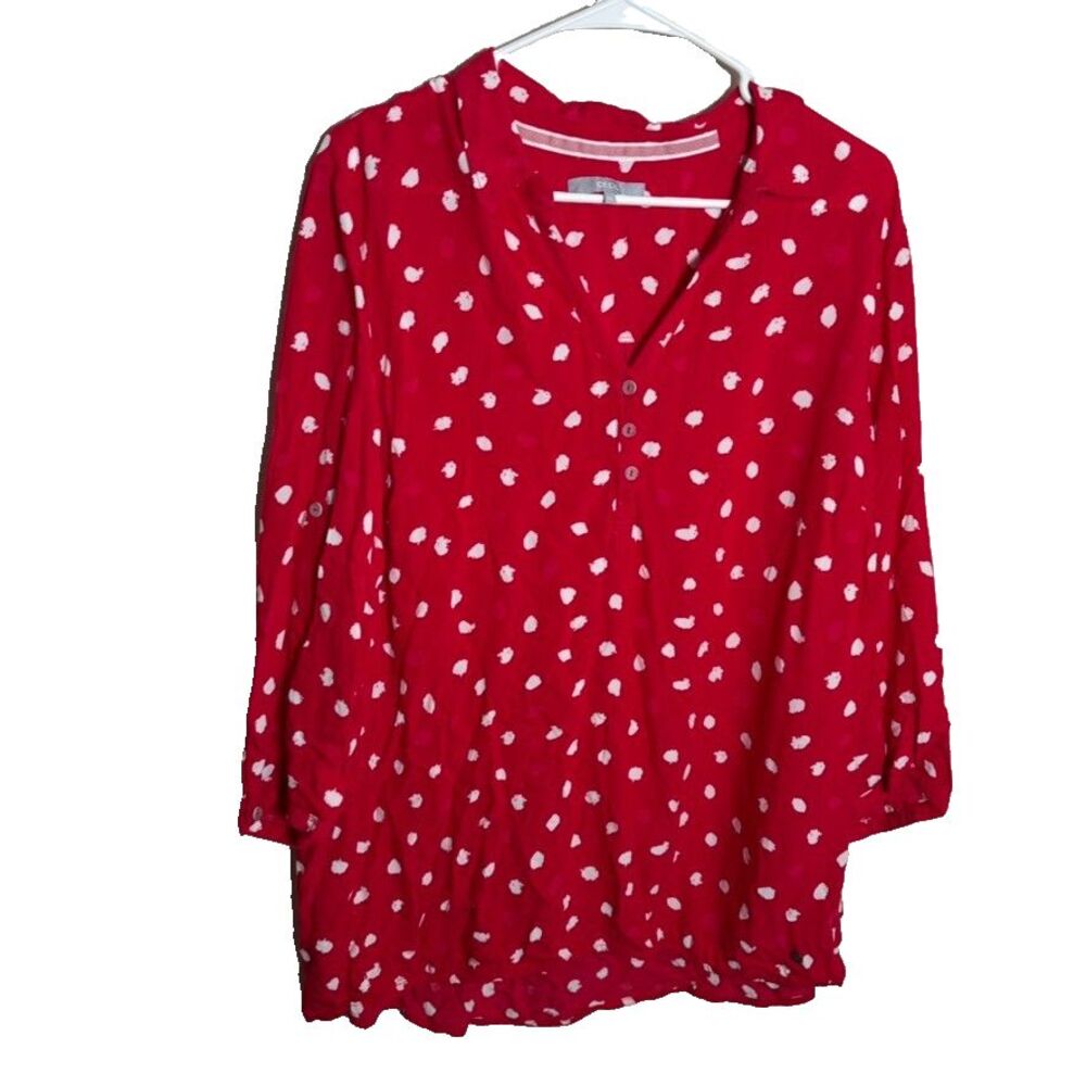 Cecil Blouse Women's XL Red Polka Dot V-Neck Popover 3/4 Sleeve Collared Shirt